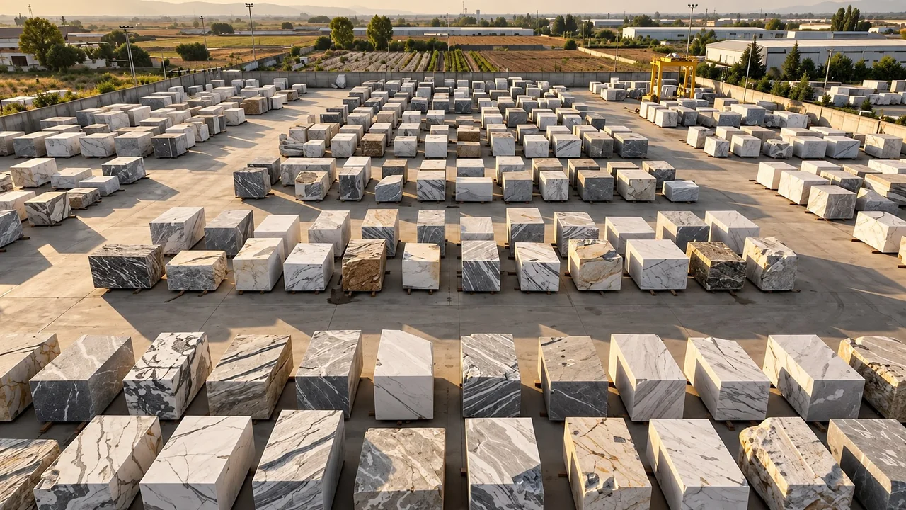Ocaktan çıkan mermer blokların dizildiği stok sahası